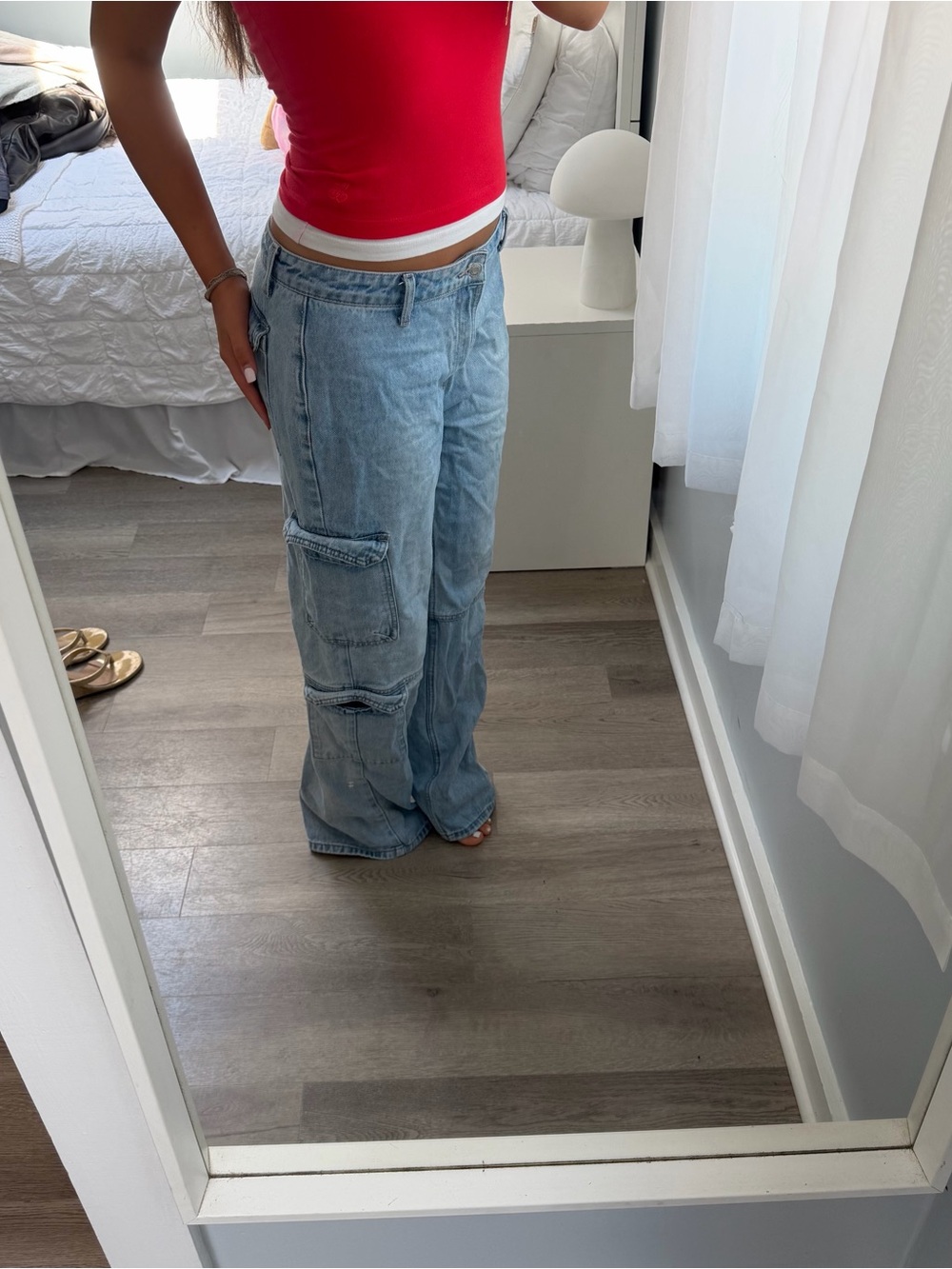 Light Blue Wide-Leg Cargo Jeans for Women